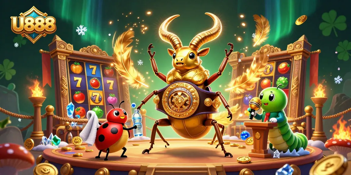 Experience thrilling slots action with U888 featuring a giant golden stag beetle in a dynamic casino scene.