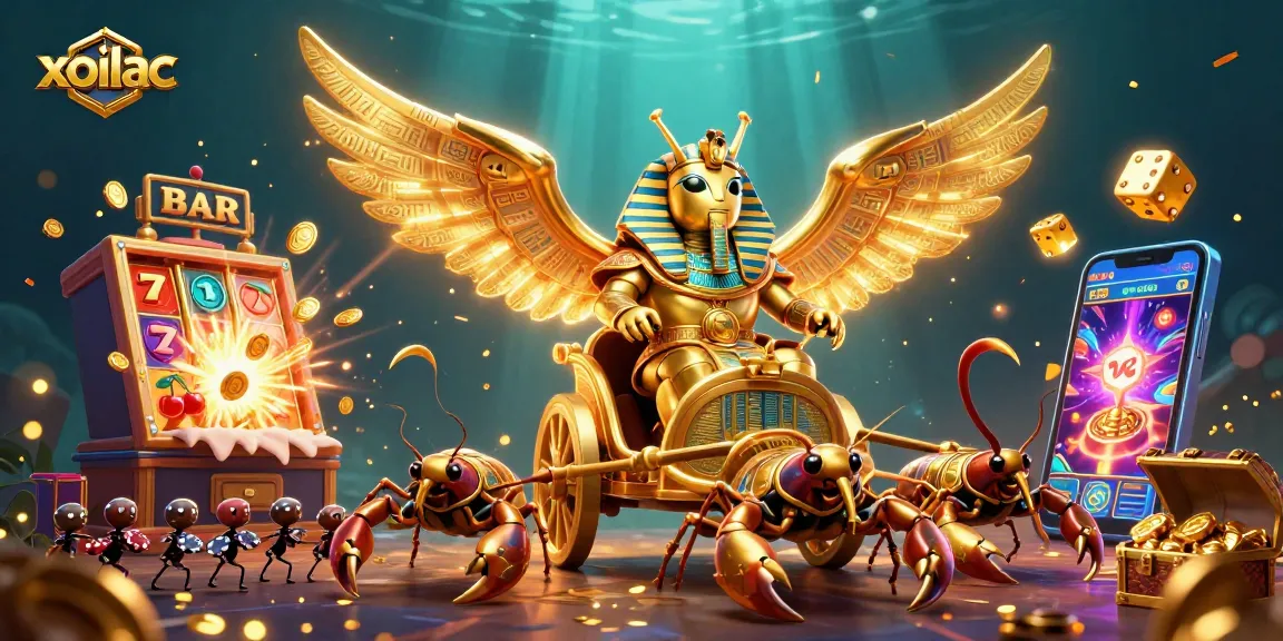 Engage with the exciting world of xoilac in this vibrant 3D casino scene featuring flying slot symbols.