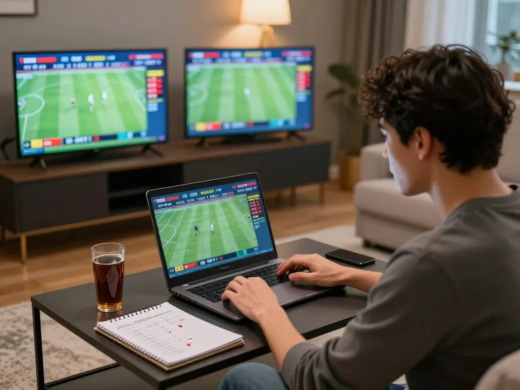 Betting enthusiast analyzing Tỷ lệ kèo nhà cái on multiple screens in a cozy home setting