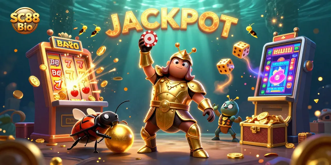 Spin jackpots with SC88 Bio in an action-packed 3D casino illustration featuring beetle characters!