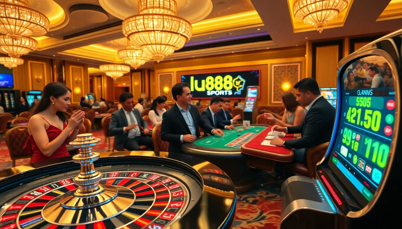 Engaging players enjoying lu88 sports at a roulette table in a lavish casino setting.