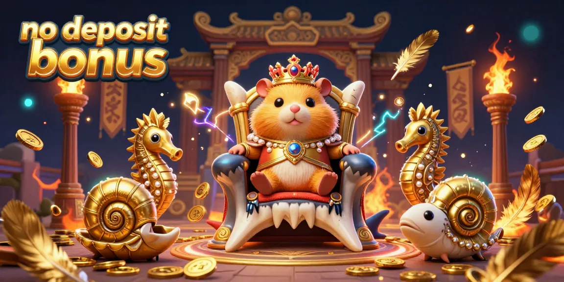 No deposit bonus scene featuring a golden hamster king on a megalodon throne, surrounded by casino elements.