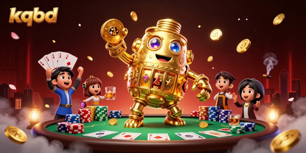 Engage with kqbd results in this vibrant casino-themed illustration showcasing a golden golem and poker elements.