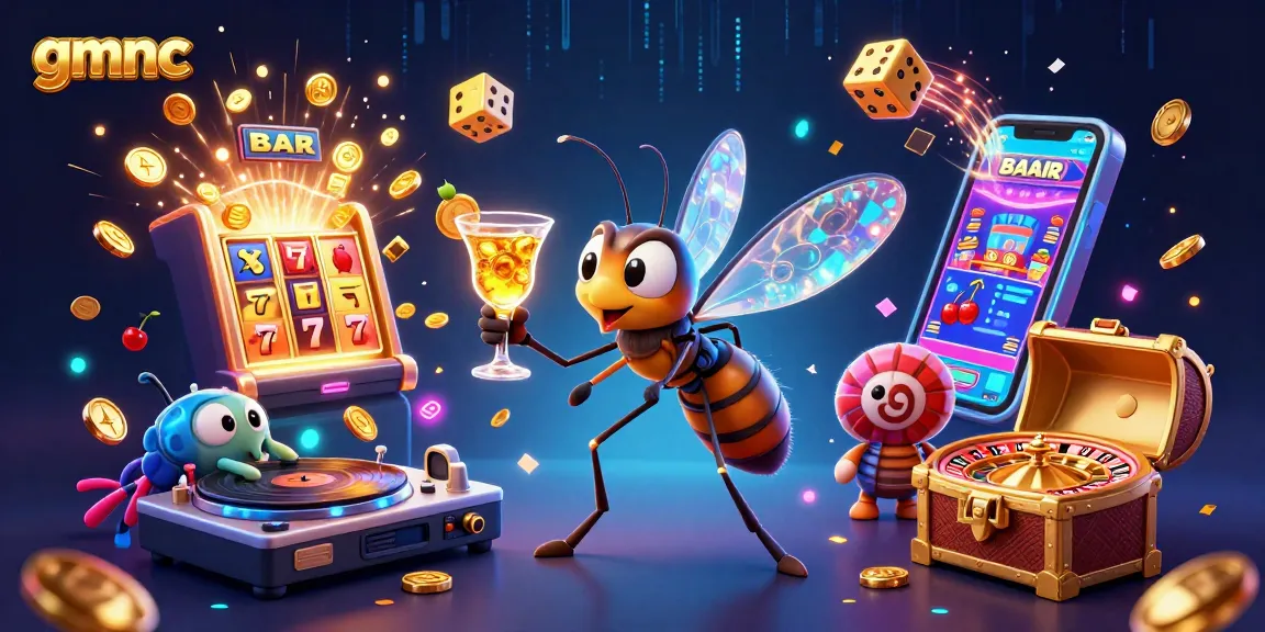 gmnc mascot representing a casino, amid lively gaming elements and vibrant energy bursting forth