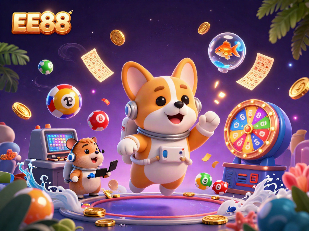 Experience the thrilling variety of games at EE88 casino with floating animated characters and dynamic gaming elements.