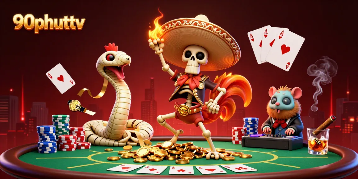 Engage with 90phuttv's vibrant cartoon scene showcasing a lively poker game with energetic characters.