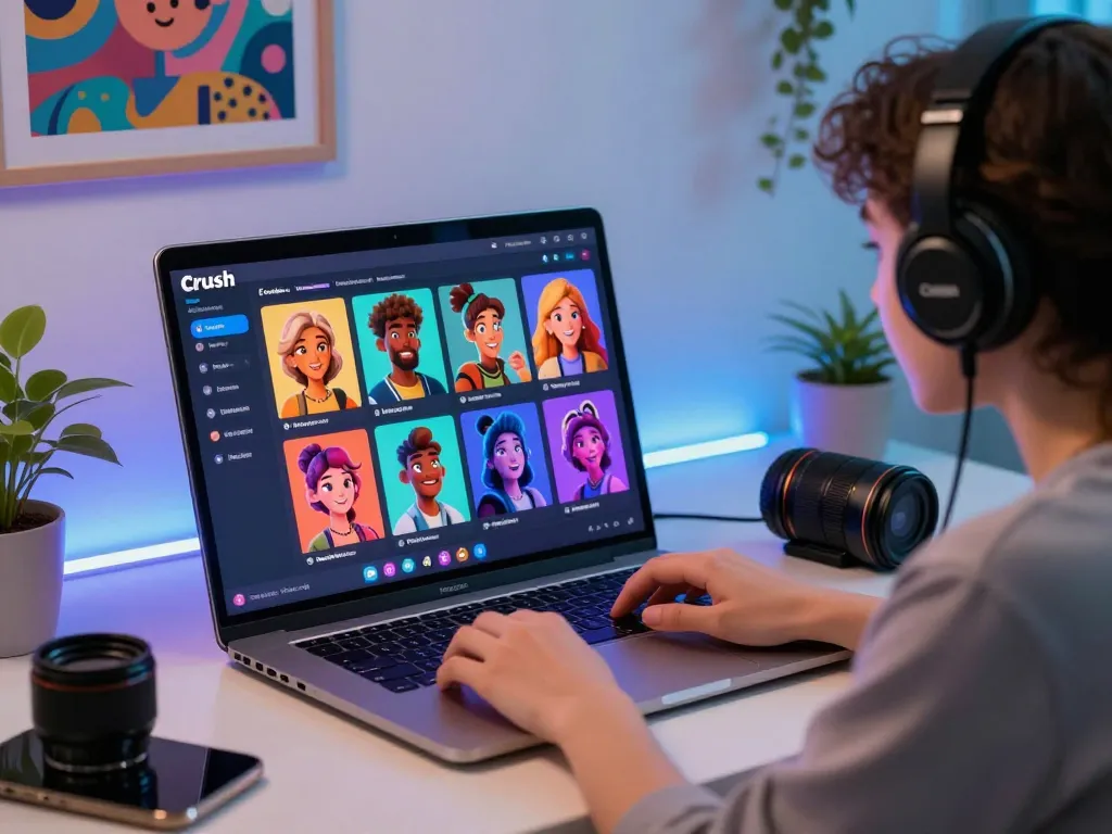 User engaging with Crush on AI platform showcasing vibrant character interactions in a modern workspace.
