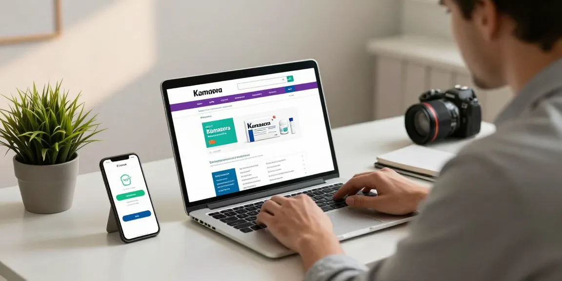Kamagra bestellen schweiz - A man ordering Kamagra online securely at a modern pharmacy.