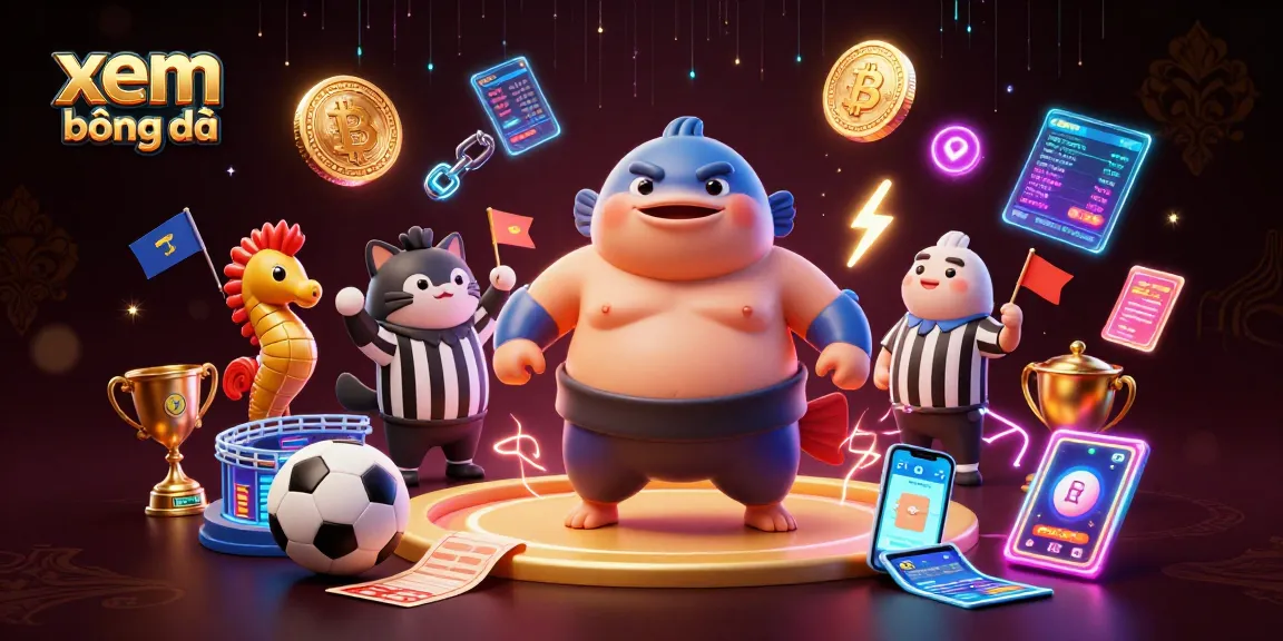 Xem bóng đá in a dynamic sports betting scene with characters and lively elements, capturing excitement.