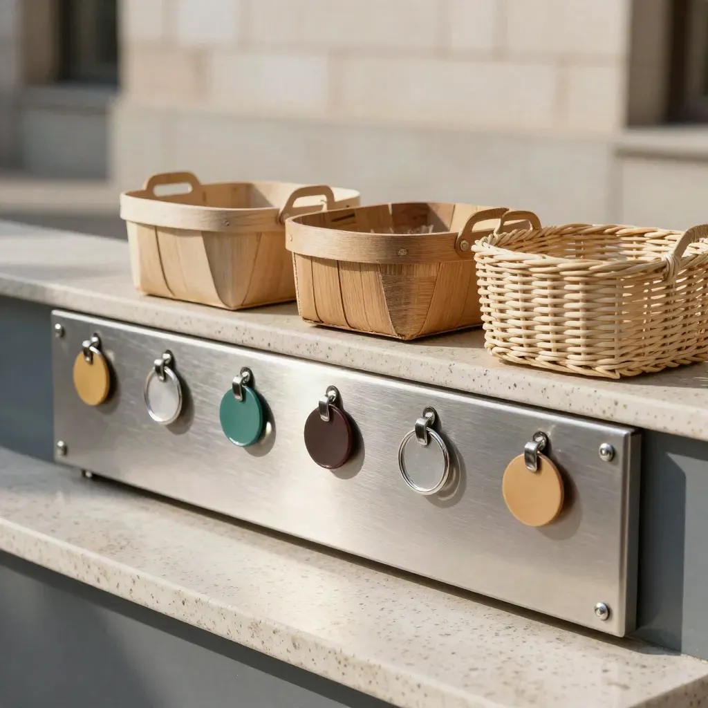 Brushed-steel-Planungsleiste mit Magnetmarken und Körben auf hellem Stein, ein Token rastet ein.