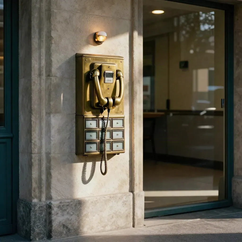 Altes Messingtelefon mit Leuchtanzeige in steinerner Hausnische, warm und ruhig