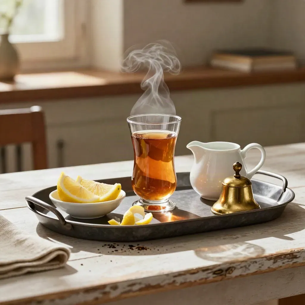 Teeglas, Zitronenschale, cremefarbenes Telefon und kleine Messingglocke auf einem Serviertablett.
