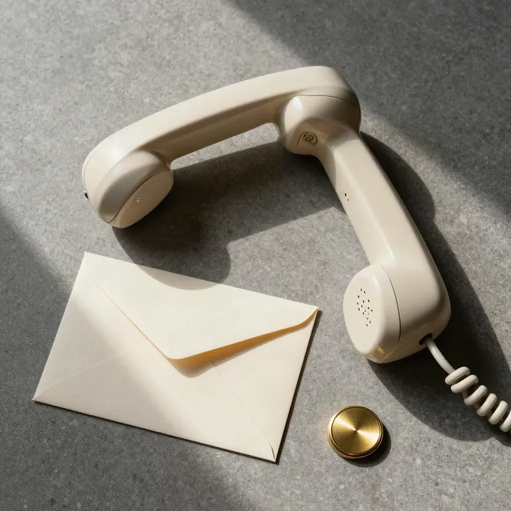 Cremefarbener Telefonhörer, Umschlag und Messingknopf auf Stein im Erstkontakt-Moment