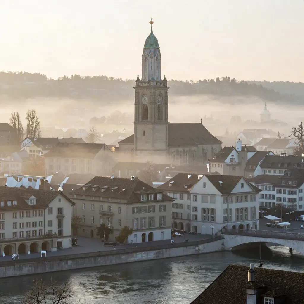 Zürichs Altstadt im Morgennebel mit Grossmünster und ruhiger Flusskulisse