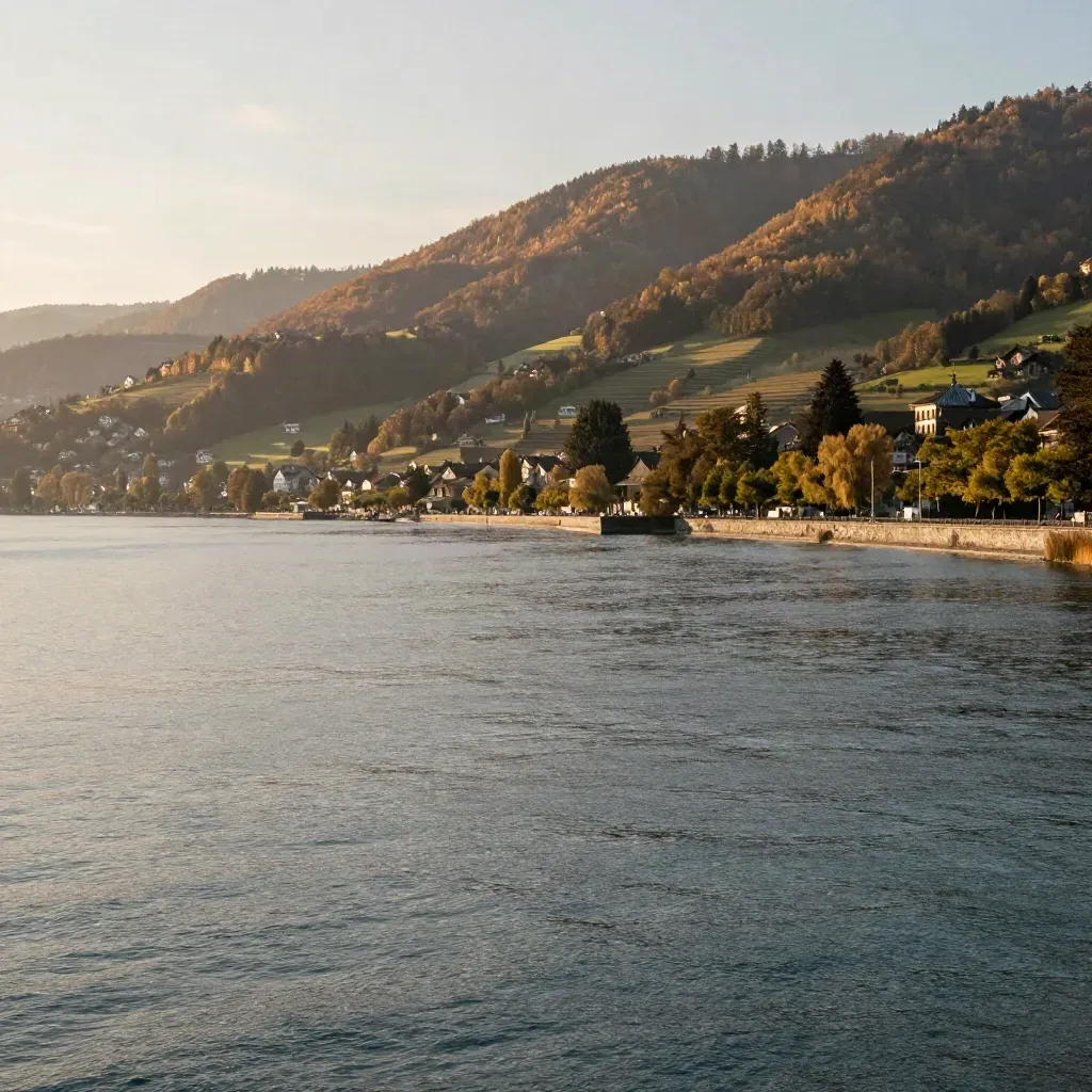 Zürichsee im Goldlicht mit Hügeln, Dörfern und ruhigem Wasser nach Regen
