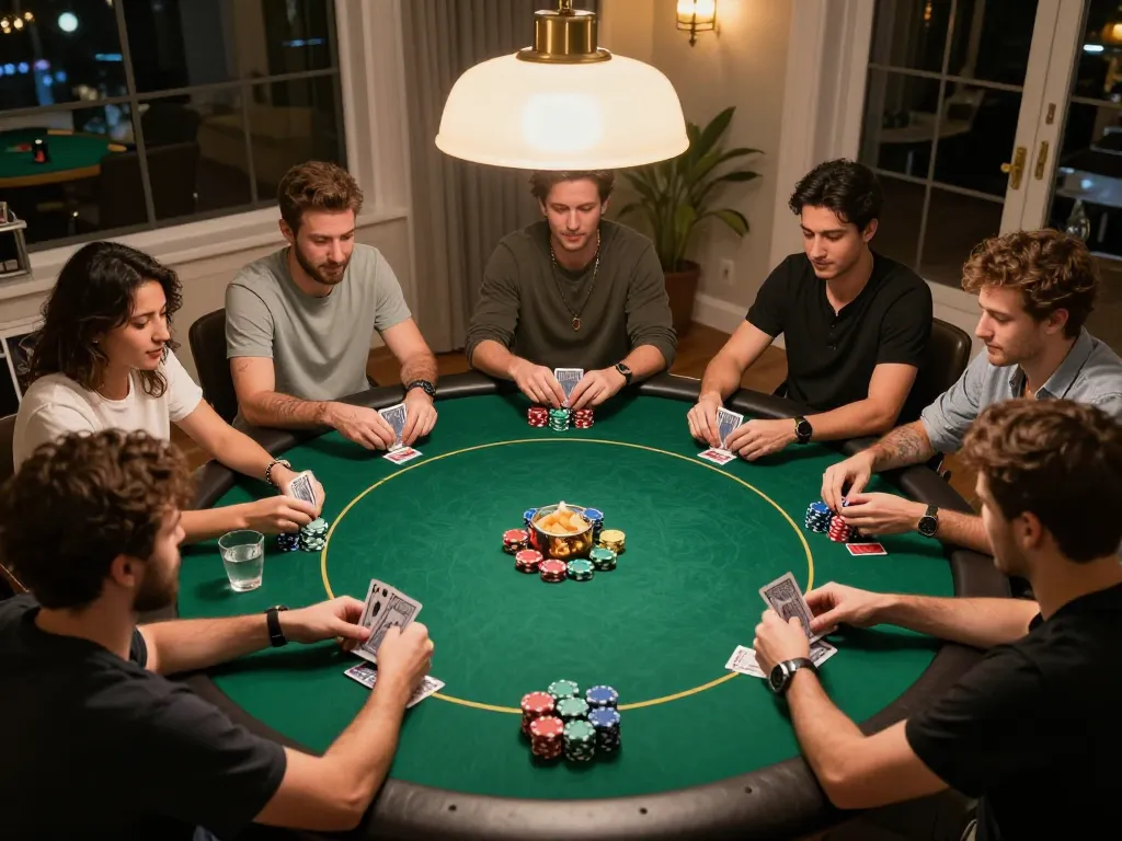Engaging poker game at home featuring players and vibrant lifestyle elements, showcasing 98wincom gaming experience.