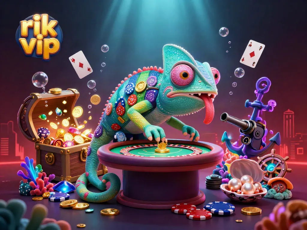 Experience the vibrant world of rik vip with a colorful chameleon casino owner, golden coins, and dynamic gaming elements.