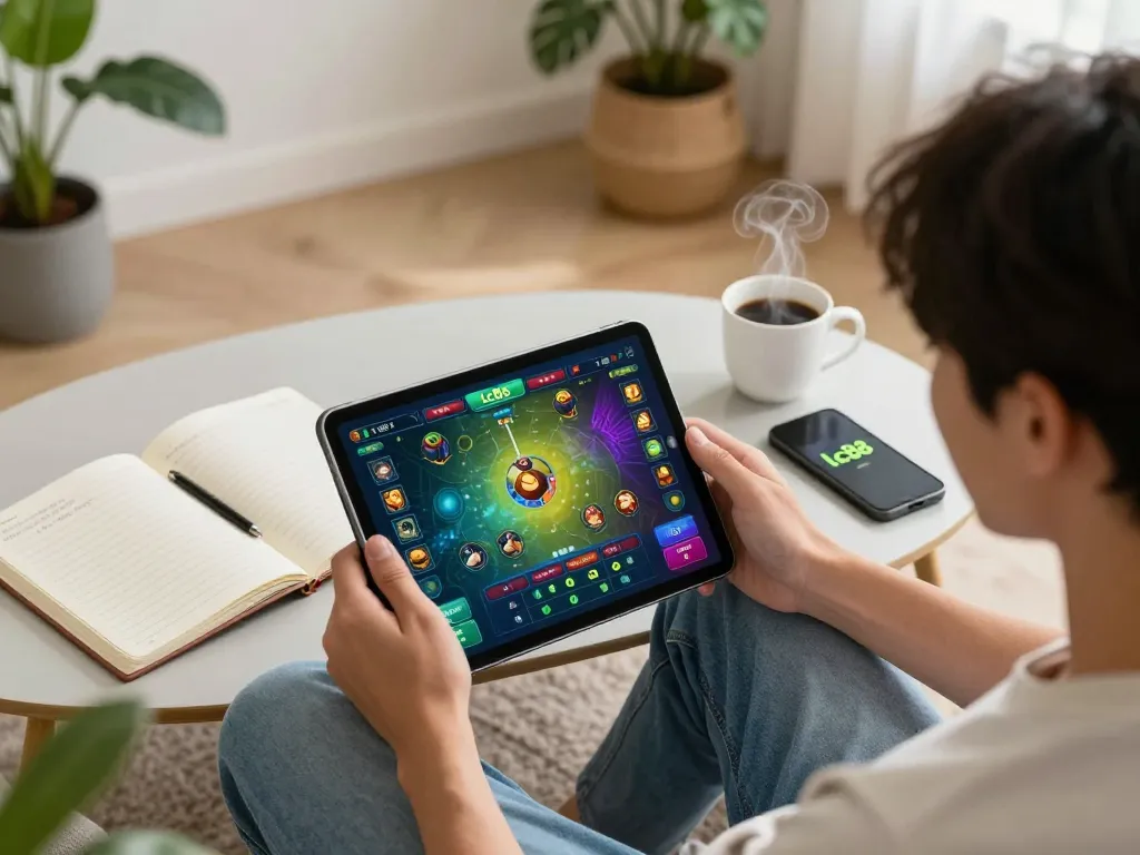 Engaged player enjoying an lc88 game on a tablet in a cozy home setting, with strategy notes beside them.