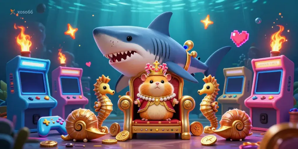 Experience excitement with xoso66's gaming adventure featuring a golden hamster king on a megalodon throne.