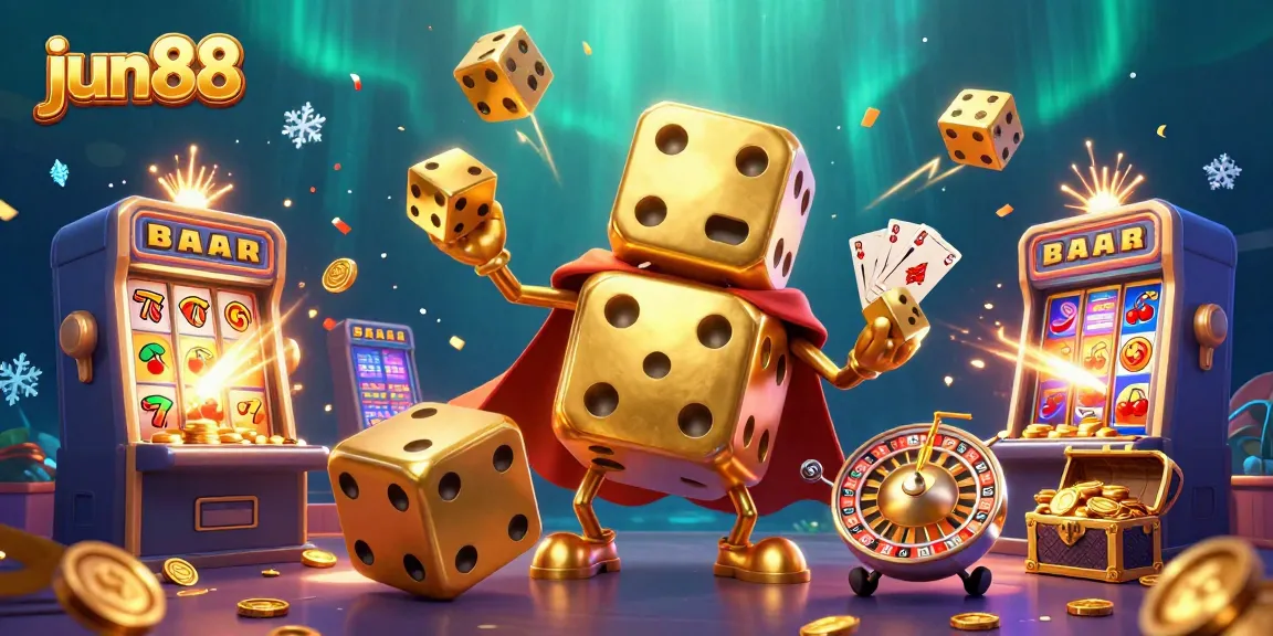 Experience the excitement of jun88 with a dynamic 3D illustration of a golden dice golem and casino elements.