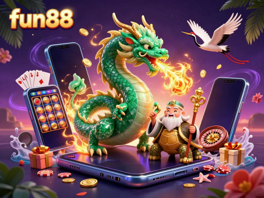 Engage with fun88's vibrant gaming universe led by a mystical emerald dragon and a wise turtle sage.