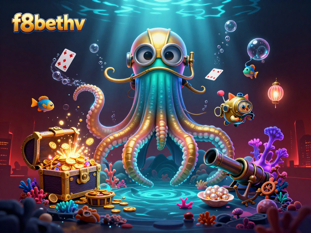 Experience thrilling action at f8bethv with a 3D kraken and diving cat in an underwater casino adventure.