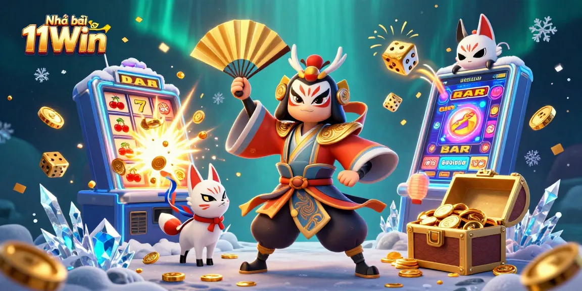 Engage with the exciting world of Nhà cái 11Win, featuring vibrant casino elements and dynamic characters.