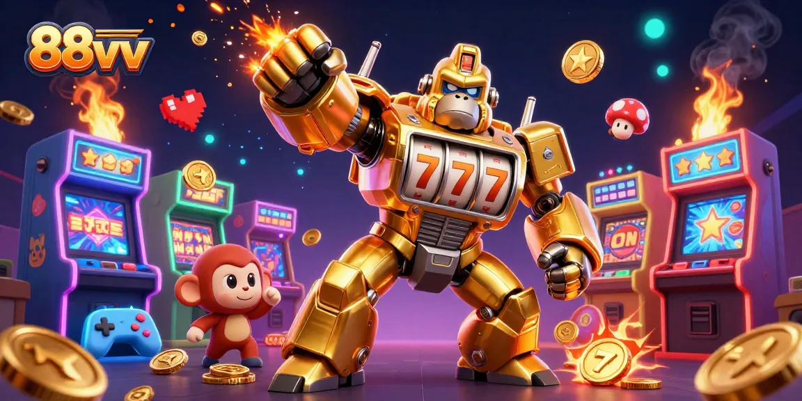 Win big with 88vv's dynamic slot games featuring a golden gorilla mech and vibrant gaming elements.