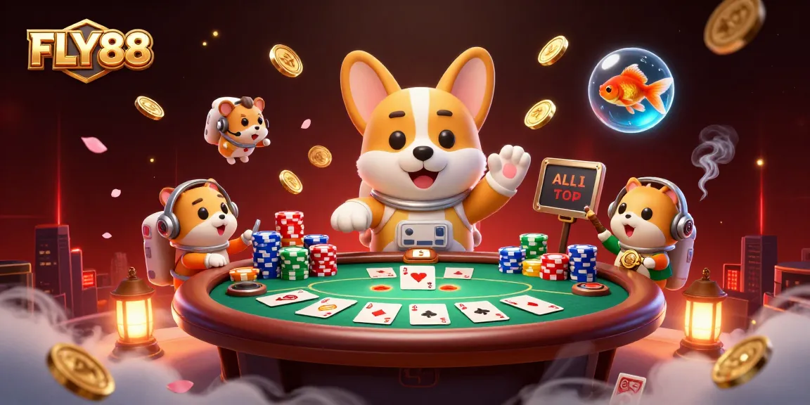 Experience FLY88's thrilling casino atmosphere with astronauts and vibrant game elements in a captivating scene.