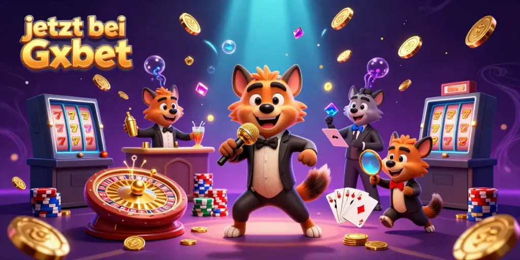 Jetzt bei Gxbet: Hyänen unterhalten in einem Casino, umgeben von goldenen Münzen.