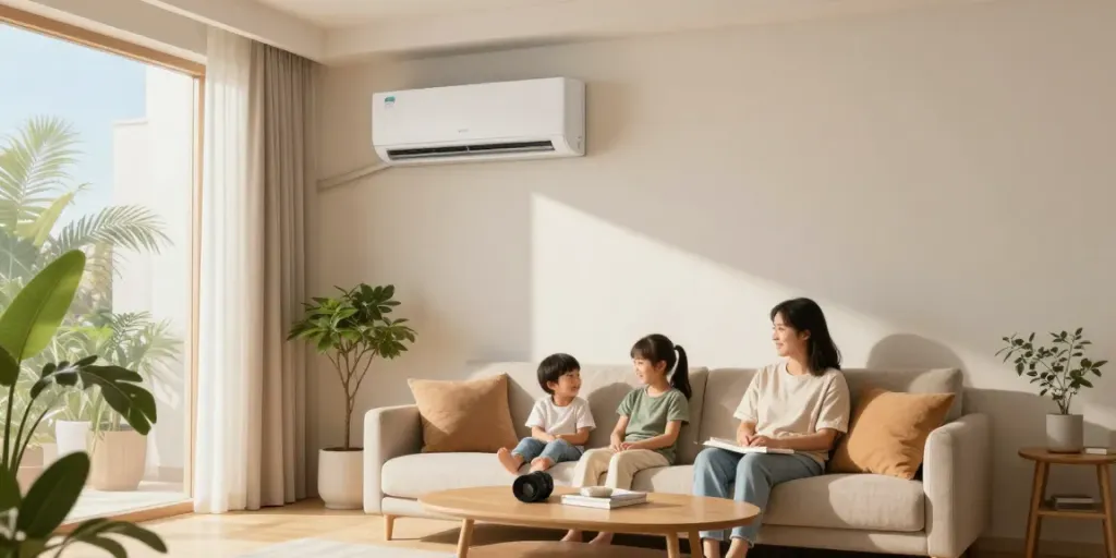 Klimaanlage Einfamilienhaus Kosten: modernes Wohnzimmer mit einer energieeffizienten Klimaanlage, Sonnenlicht, gemütliche Atmosphäre.