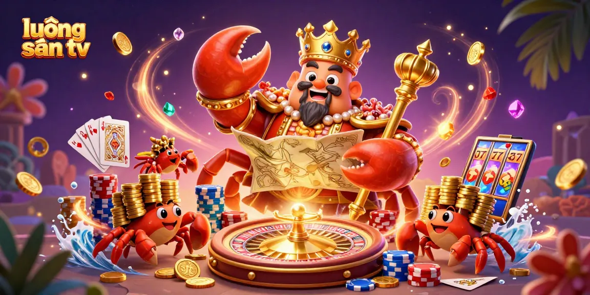 lương sơn tv showcases a lively gaming scene with a golden crab emperor, vibrant casino elements, and dynamic action.