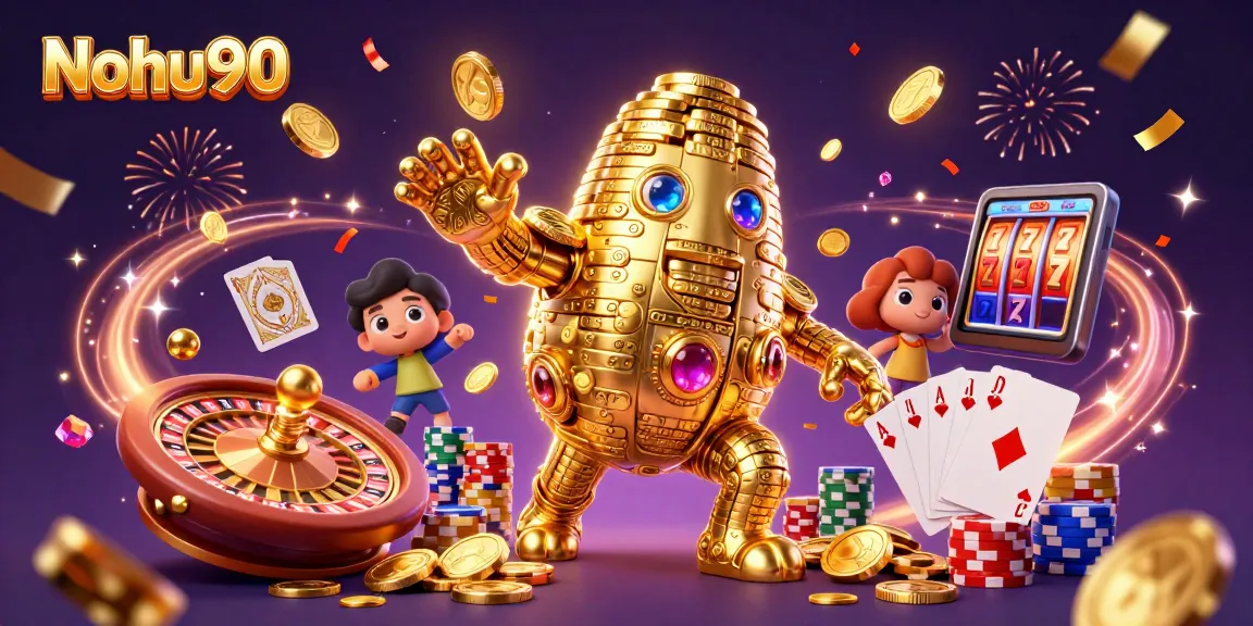 Nohu90 showcases a thrilling jackpot experience with cascading coins and vibrant games.
