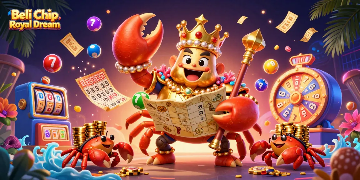 Beli Chip Royal Dream dengan aman dalam ilustrasi yang dinamis, menampilkan karakter lobster emas dan koin yang berlimpah.