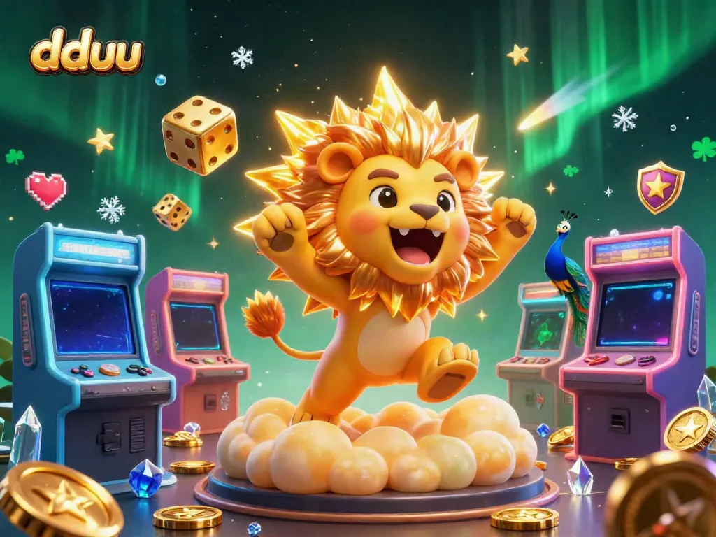 Experience dduu's dynamic gaming world with a roaring sun lion, colorful games, and golden accents.