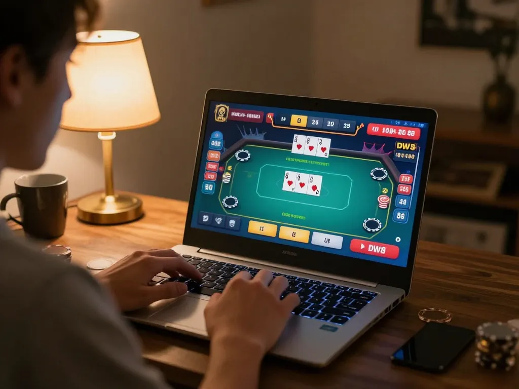 Player engaging in online poker gameplay on DW8, showcasing strategic betting and a cozy home setting.