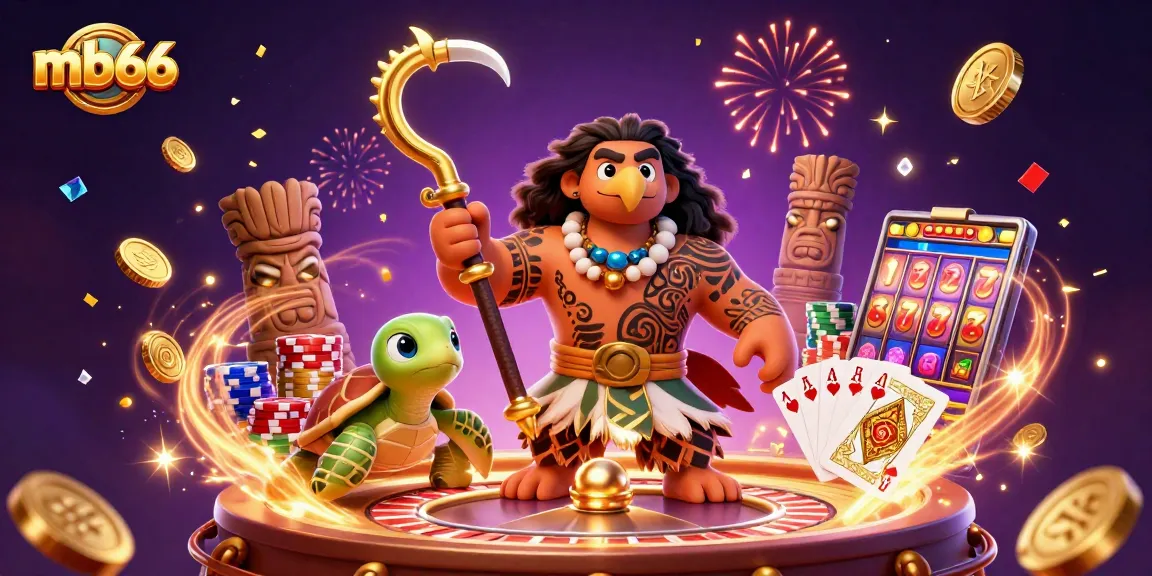 Bet on mb66 with a 3D Polynesian hawk and turtle, surrounded by vibrant casino elements.