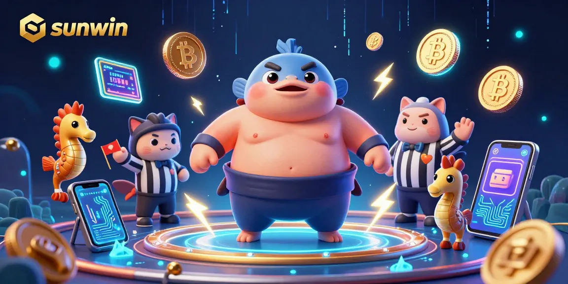 Win big with sunwin in this fun underwater casino scene featuring a fugu, catfish, and crypto elements.