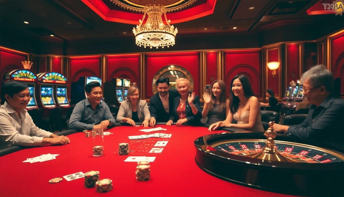 Experience the rush of gameplay at https://tx88at.com/ with a vibrant casino scene featuring poker, slots, and roulette.
