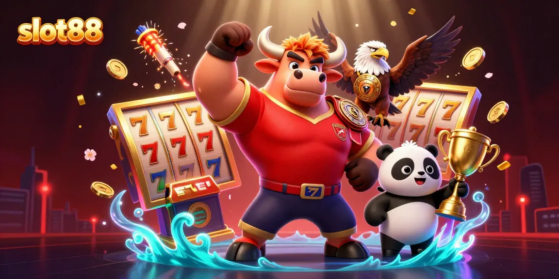 Slot88 menampilkan beruang kekar dengan burung elang dan panda merayakan kemenangan jackpot.