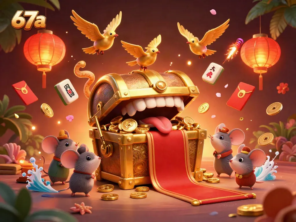 Spin the reels on 67a's vibrant slot games amidst a treasure-filled scene.