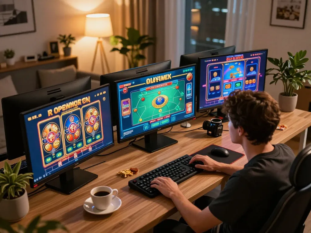 Engaging online gaming session showcasing 23win on multiple screens, emphasizing strategic play and comfort