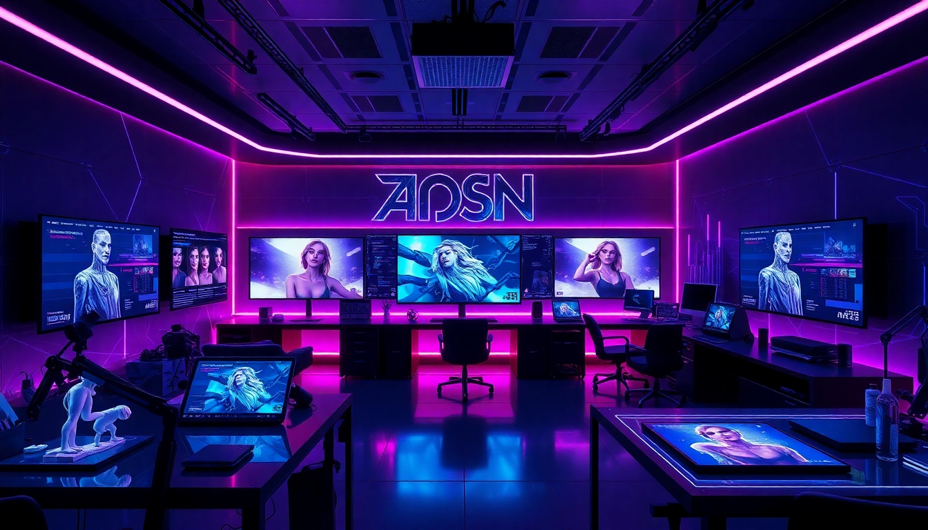 Futuristic digital art studio focusing on innovative AI porn creation with advanced technology and vibrant design.