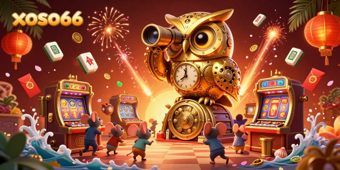 xoso66 players enjoy spinning slot machines while golden owl oversees the bustling casino floor