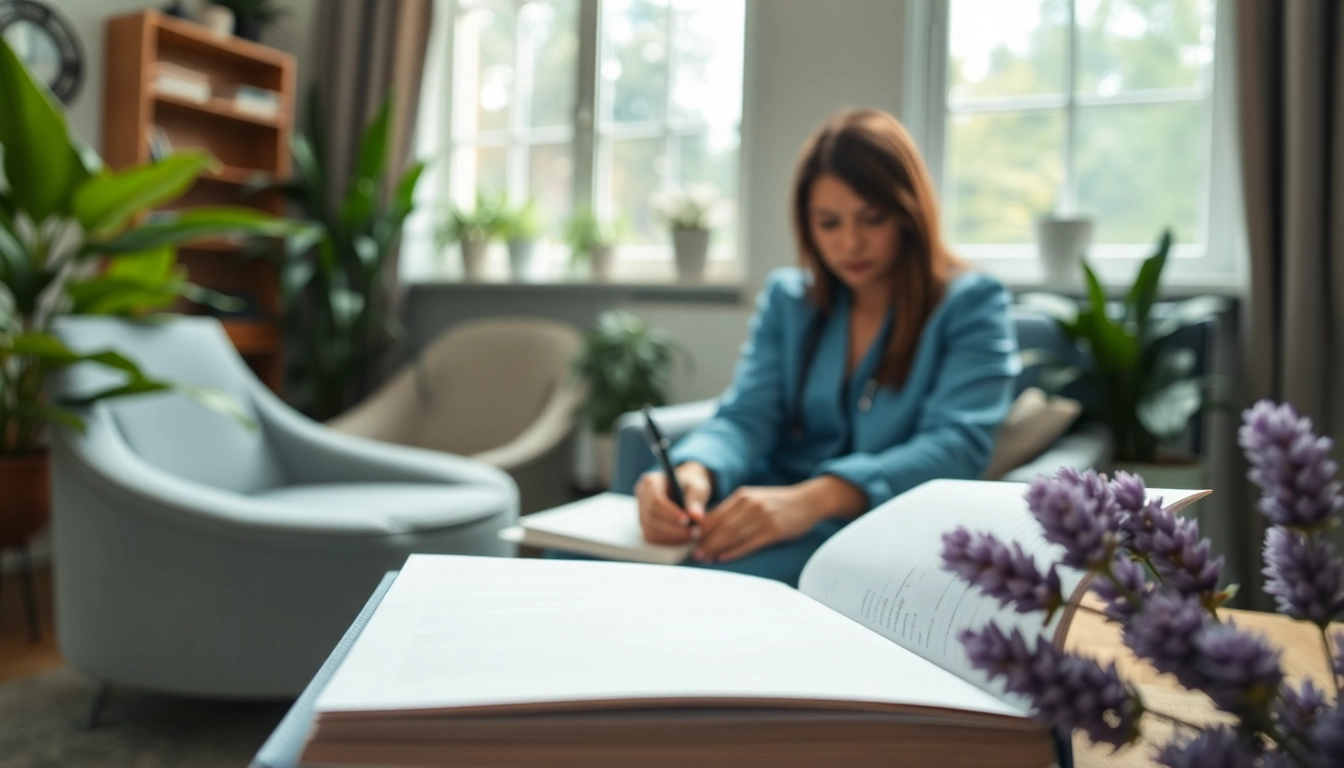 Engaged individual journaling in a serene space promoting emotional wellbeing.