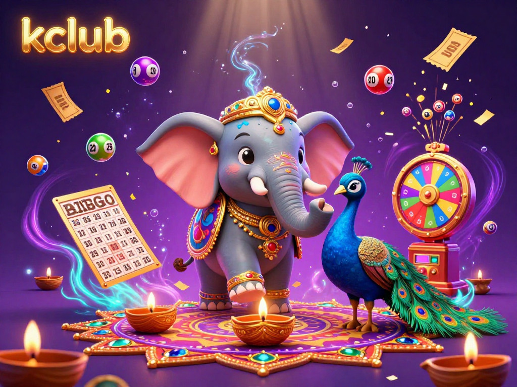 Kclub presents a vibrant 3D illustration featuring a decorated elephant and a peacock amidst colorful gambling elements like lottery balls and bingo cards.