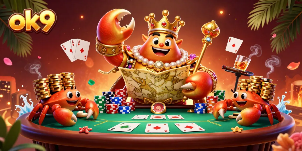 Experience exhilarating gaming adventures at ok9, showcasing a golden crab emperor and vibrant gambling elements.