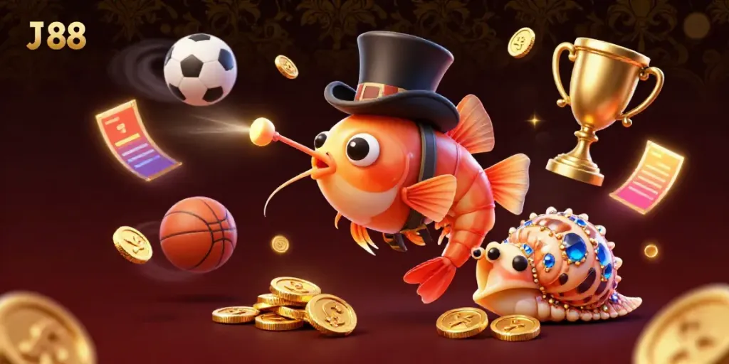 Win big with J 88 as a glowing anglerfish attracts coins in this vibrant casino illustration.