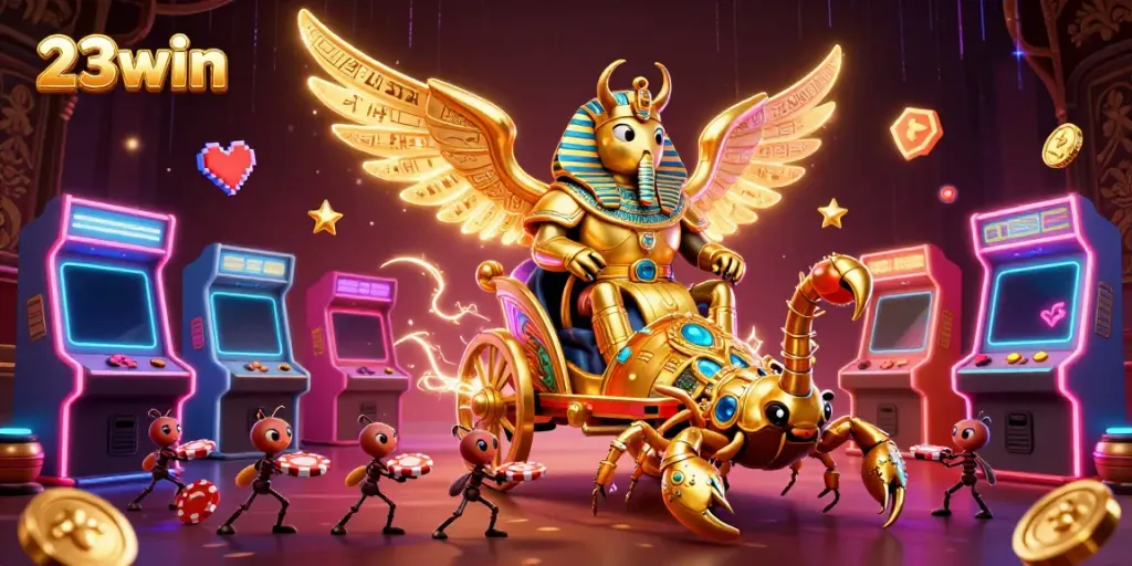 Engage with 23win's exciting gaming experience featuring a vibrant casino scene filled with golden elements.