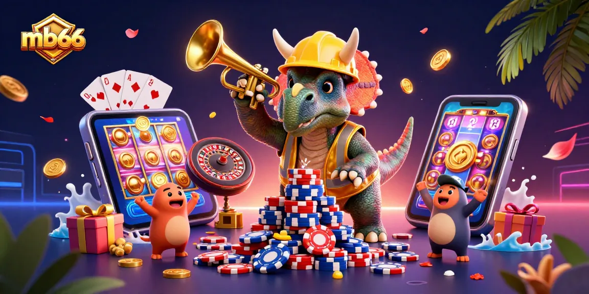 Experience mb66's vibrant gaming excitement with a triceratops building poker chip pyramids